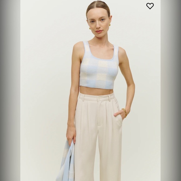 NWT Reformation Fonte Cashmere Cropped Tank and Cardigan Set Powder Blue Plaid - Picture 3 of 11